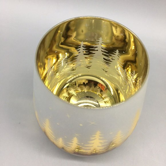 x2 Christmas Gold Pine Trees Stemless Wine Glass Set Frosted Winter Forest Stars - Picture 2 of 6